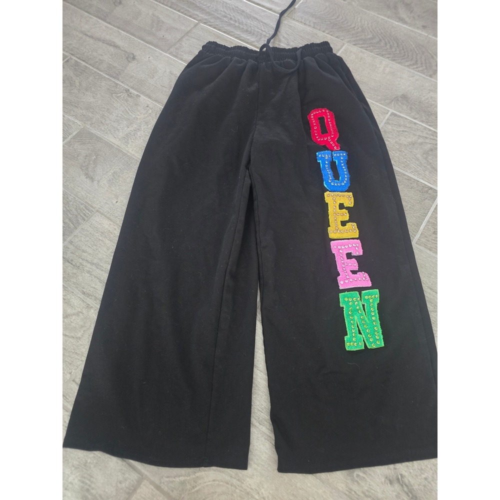 Peach Love California Black Queen Rhinestone Chenille Wide Leg Lounge Pants L‎